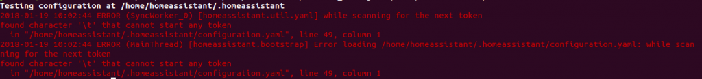 Error in configuration.yaml in line 49 - \t indicates that there is a "tab", which is not allowed in a yaml file.