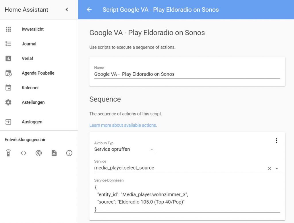 Home Assistant - Skript fir Sonos mat enger Quelle z'aktivéieren